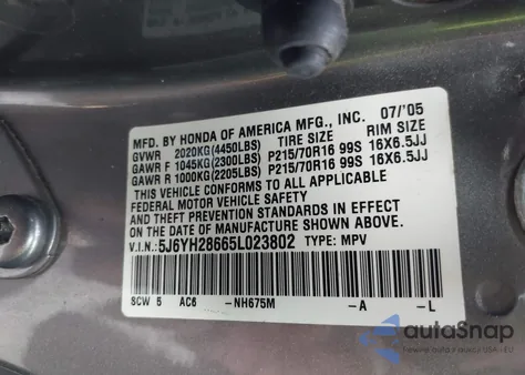 2005 Honda Element Ex из США, поврежденный, VIN 5J6YH28665L023802